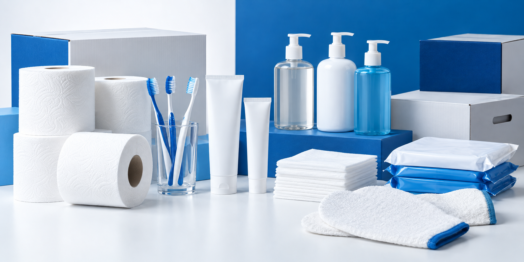 Papier toilette, brosses à dents, dentifrices, gels douche et produits d’hygiène
