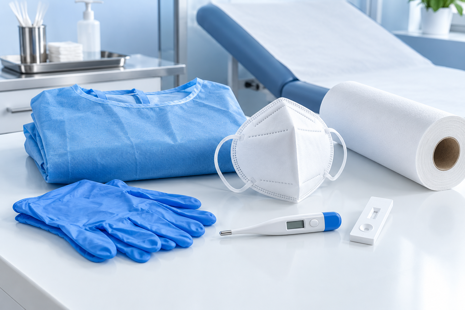 Thermomètre, blouse, gants, masque FFP2, rouleau d’examen et autotest