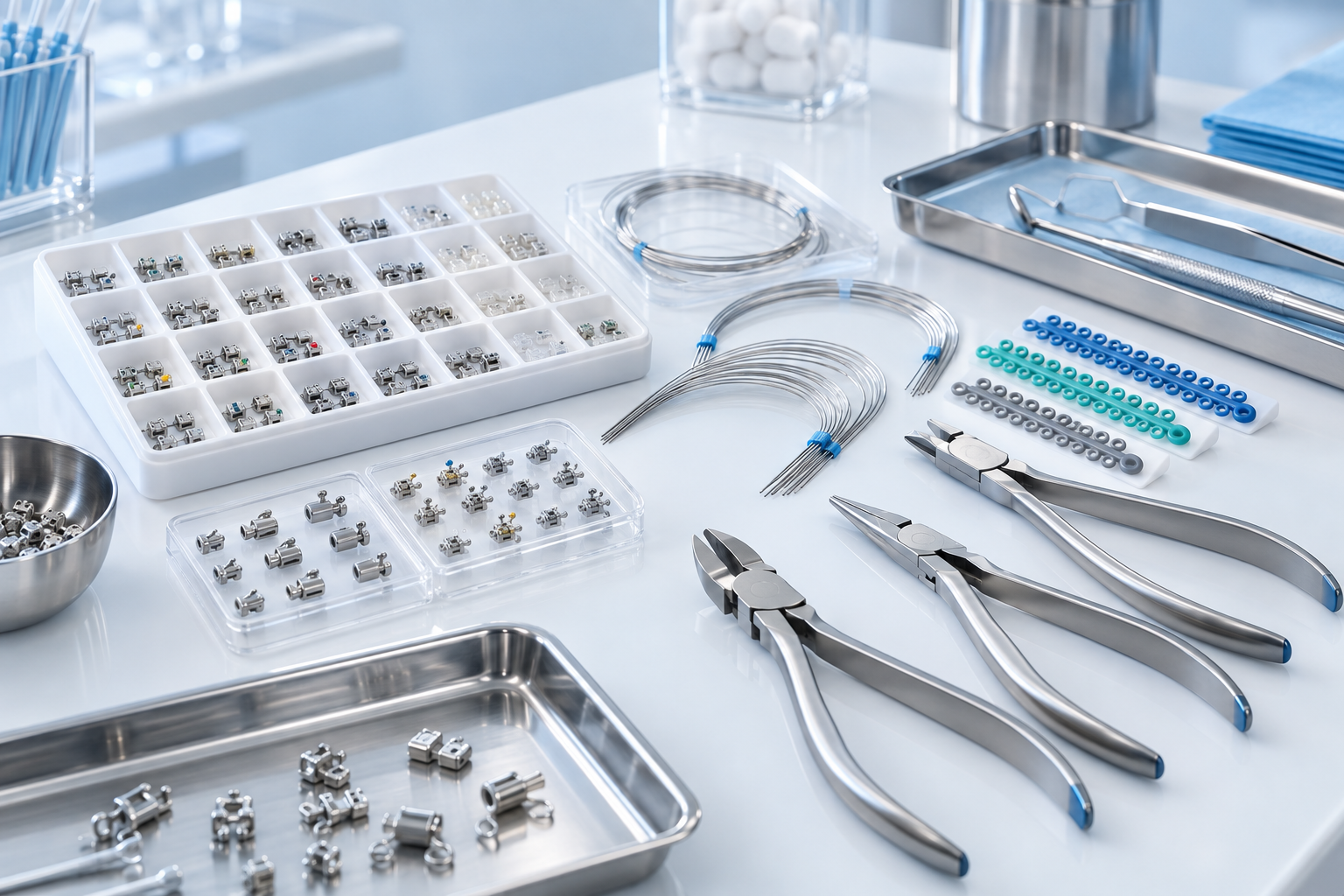 Brackets, arcs et pinces orthodontiques disposés sur une surface clinique